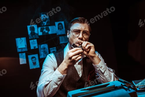 Preview: Pensive detective in glasses lighting cigar in dark office