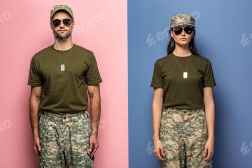 Preview: man and woman in military uniform and sunglasses on blue and pink