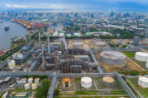 Preview: Petrochemical oil refinery in Bangkok City, Thailand. Oil and gas tanks in industry factory.
