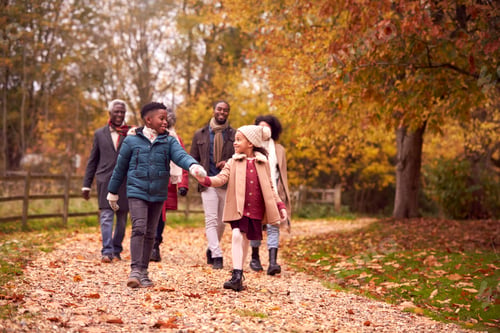 Preview: Smiling Multi-Generation Family Having Fun Walking Through Autumn Countryside Together