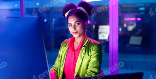 Preview: Face, computer and neon with programmer woman in office at night for coding or developing. Portrait