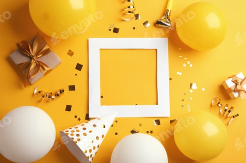 Preview: Flat lay composition with party accessories and space for text on color background