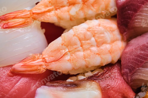 Preview: Prawn nigiri on a selection of varied Japanese sushi.