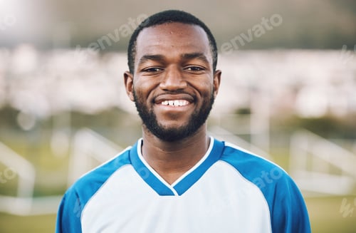 Preview: Sports, smile and portrait of soccer player on field with happy face and motivation for winning gam
