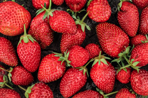 Preview: Heap of strawberries on natural wooden background outdoor. New fresh harvest. Organic food. Berry. N