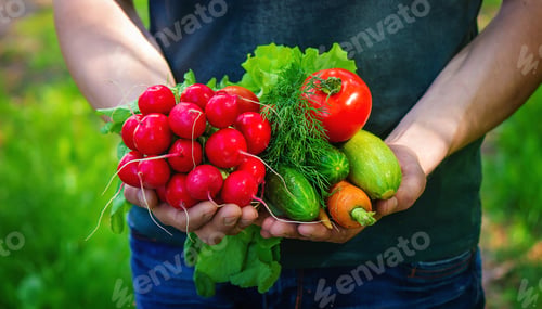Preview: farmer in blue clothes holds ripe vegetables in his hands.
