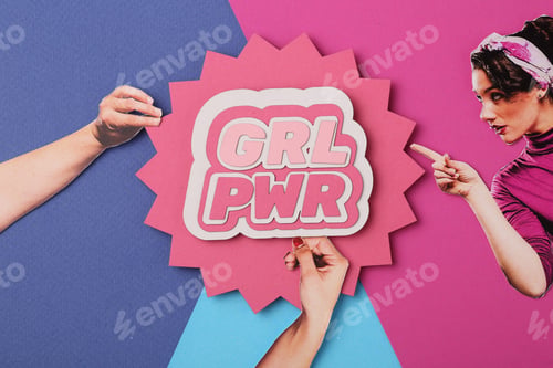 Preview: Young pin-up woman with GRL PWR sign showing muscles on yellow background. Women's History Month