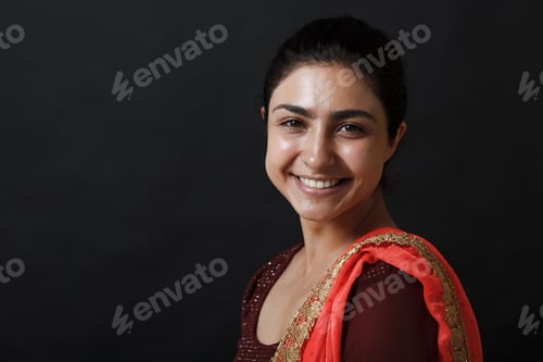 Preview: Portrait of young smiling adult indian woman in sari
