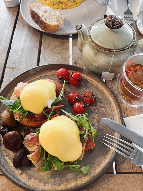 Preview: Eggs Benedict with Bacon, Mushrooms, Greens and Tomatoes. Savoury breakfast meal