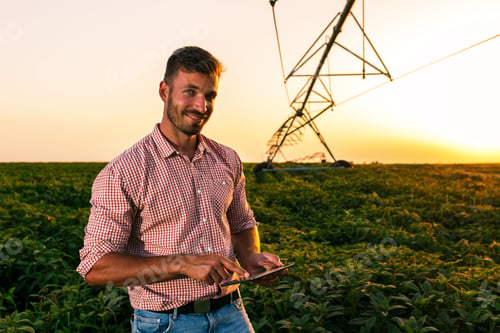 Preview: Farmer holding tablet in his hands and adjusts irrigation system on soybean field at sunset.