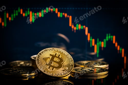 Preview: Concept with bitcoins and falling candle graph.