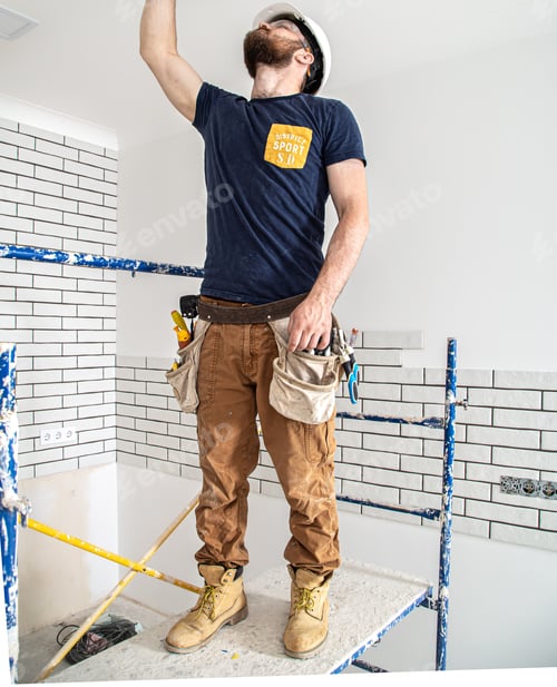 Preview: Electrician Builder at work, installation of lamps at height.