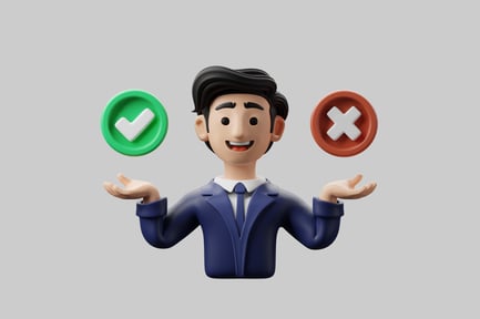 Preview: A man in a blue suit with his arms outstretched and palms facing upwards.