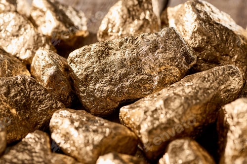 Preview: close up view of golden textured shiny stones in sunlight