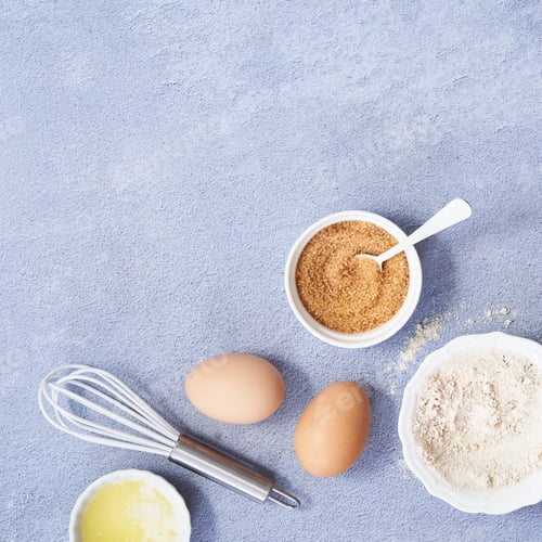 Preview: Ingredients for homemade oat pancake with whole grain oat, coconut sugar.