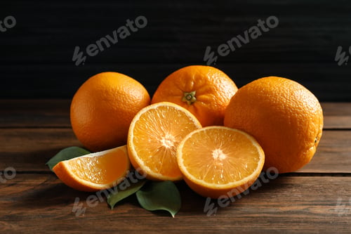 Preview: Fresh oranges with leaves on wooden table