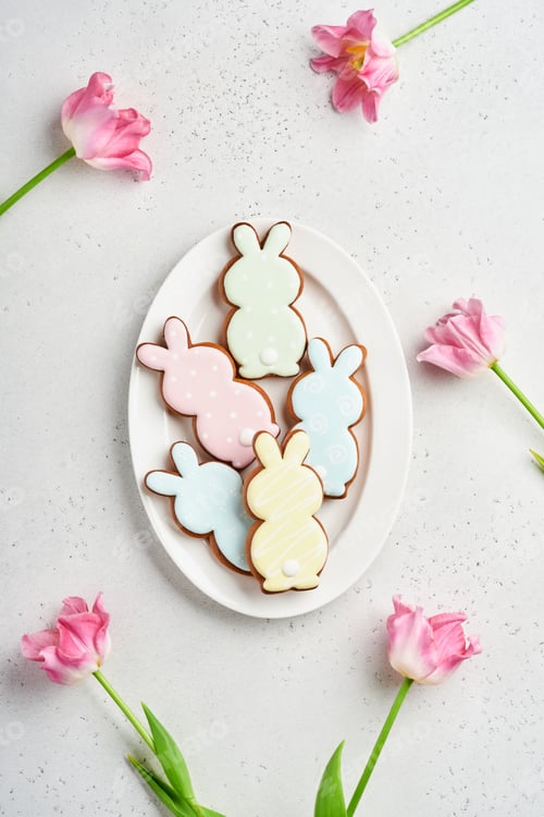 Preview: Easter table setting with floral decor and plate with easter gingerbread on gray table. Elegance din