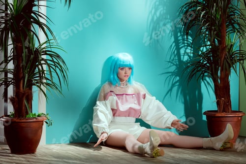 Preview: beautiful fashionable girl in blue wig pretending to be a doll and sitting on floor between potted