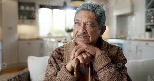 Preview: Thinking, depression and senior man with walking stick on chair with Alzheimer, memory loss or lone