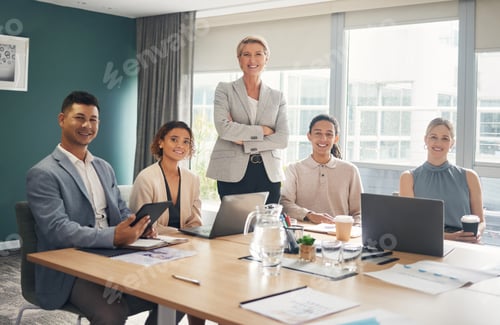 Preview: Portrait of employees at desk in office with smile, confidence and meeting for group of business pe