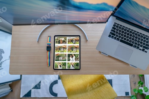 Preview: Modern, minimal desk set up in a clean white space. Urban loft, live work from home area.