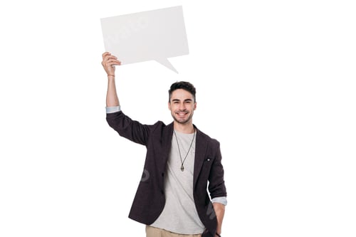 Preview: young stylish man holding blank message bubble isolated on white
