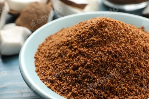 Preview: Natural coconut sugar in ceramic bowl, closeup