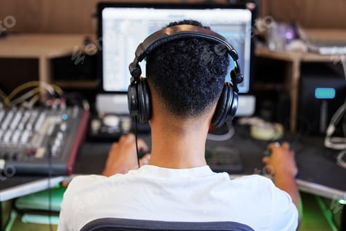 Preview: Man Using Sound Mixing Desk and Computer