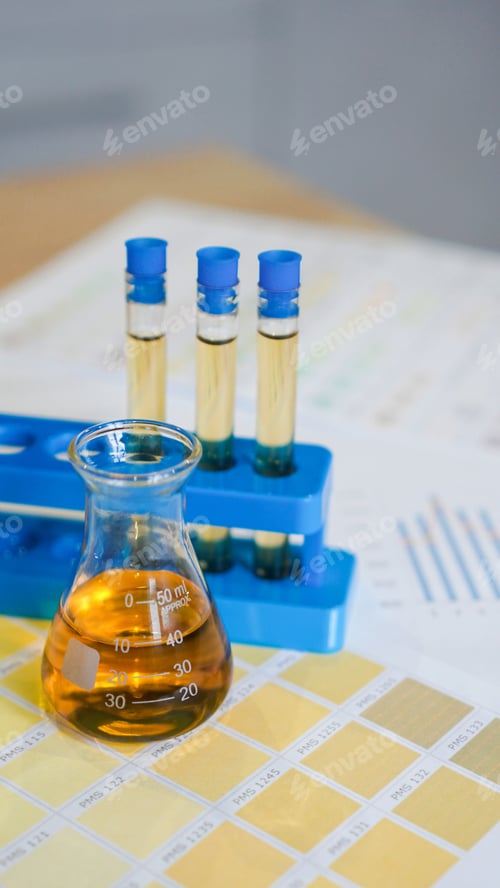 Preview: Flask and test tubes with urine on medical color schemes. Concept of analyzes