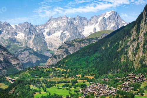 Preview: The Grandes Jorasses in the Mont Blanc massif and Palleusieux and Verrand villages. Aosta Valley