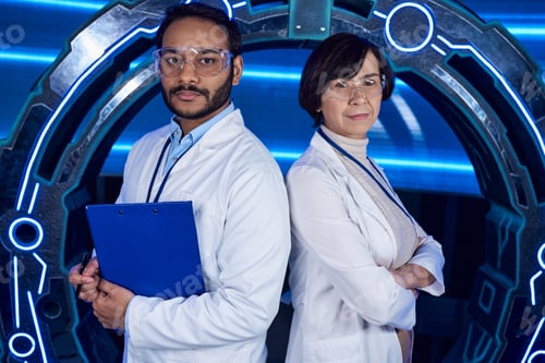 Preview: forward-thinking multiethnic scientists standing looking at camera back to back in discovery center