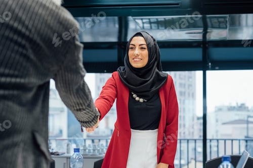 Preview: Business partners shaking hands at meeting in office