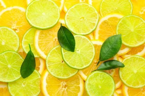 Preview: Slices of fresh lemons, limes and green leaves as background, top view