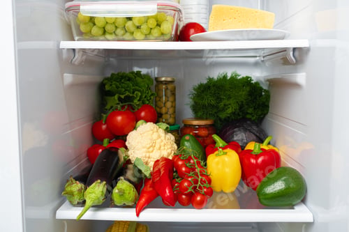 Preview: Fridge shelf full of fresh vegetables close up