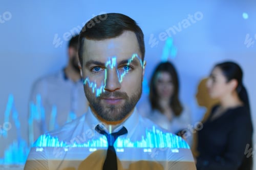 Preview: Male leader talking to employees, showing the plan on the projector in office
