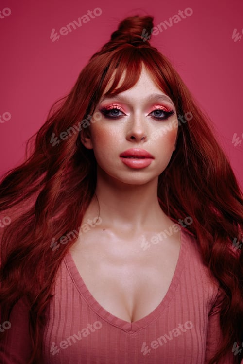 Preview: Portrait of a beautiful woman with bright make-up on a pink background