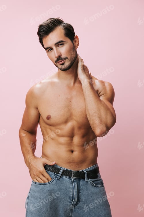 Preview: Body man torso fitness muscle pink sport lifestyle naked background sexy muscular