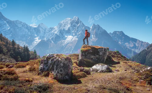 Preview: Standing woman with backpack on the stone and beautiful mountain