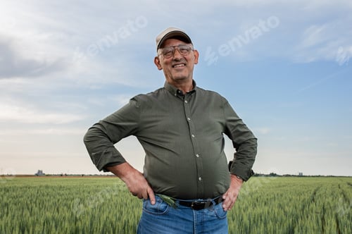 Preview: Senior farmer standing in wheat field looking at camera.