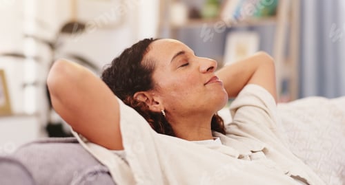 Preview: Home, sleeping and woman on sofa for relaxing, comfortable and resting with smile in living room. A