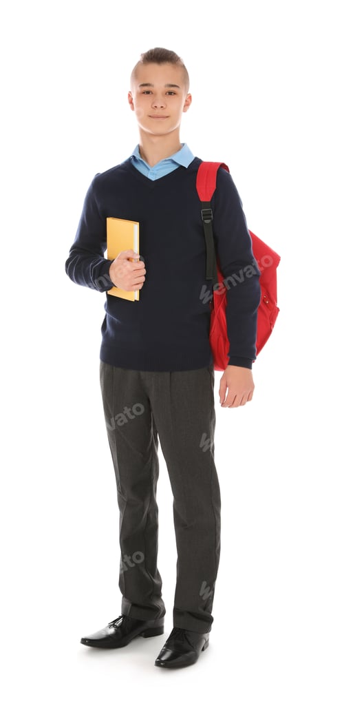 Preview: Full length portrait of teenage boy in school uniform with backpack and book on white background