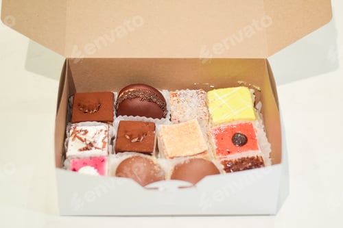 Preview: An assortment of colorful mini cakes in a box, take out, delivery food