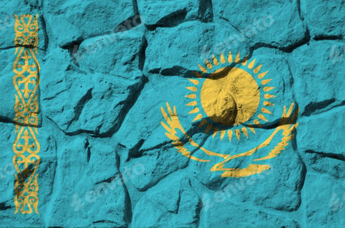 Preview: Kazakhstan flag depicted in paint colors on old stone wall close up