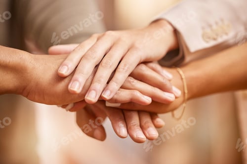 Preview: Business people, hands together and unity in trust, collaboration or teamwork at the office. Group