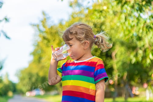 Preview: A child drinks water from a glass. Selective focus.