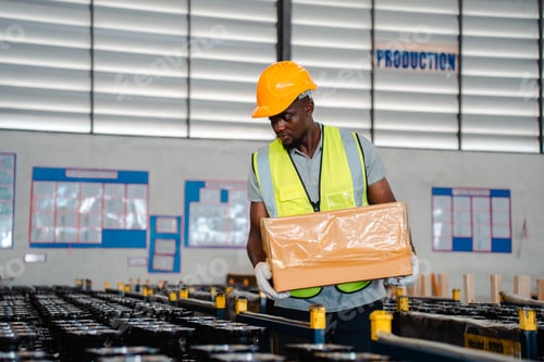 Preview: African American person working to shipping box package by order in logistic warehouse