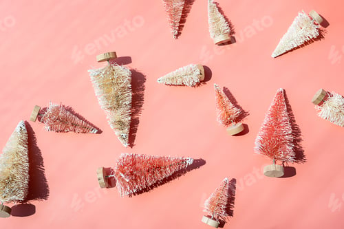 Preview: Miniature artificial Christmas trees layout. Bottle brush trees decor for winter holidays.