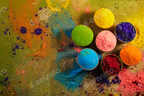 Preview: Colorful traditional Holi powder in bowls. Happy Holi. Concept Indian color festival.