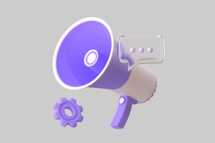 Preview: Purple megaphone with gear and speech bubble.