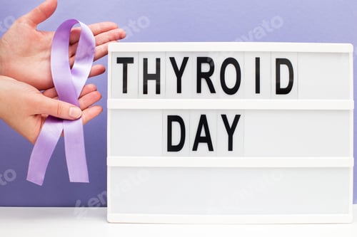 Preview: inscription international thyroid day, violet ribbon and womans hand holding a letter